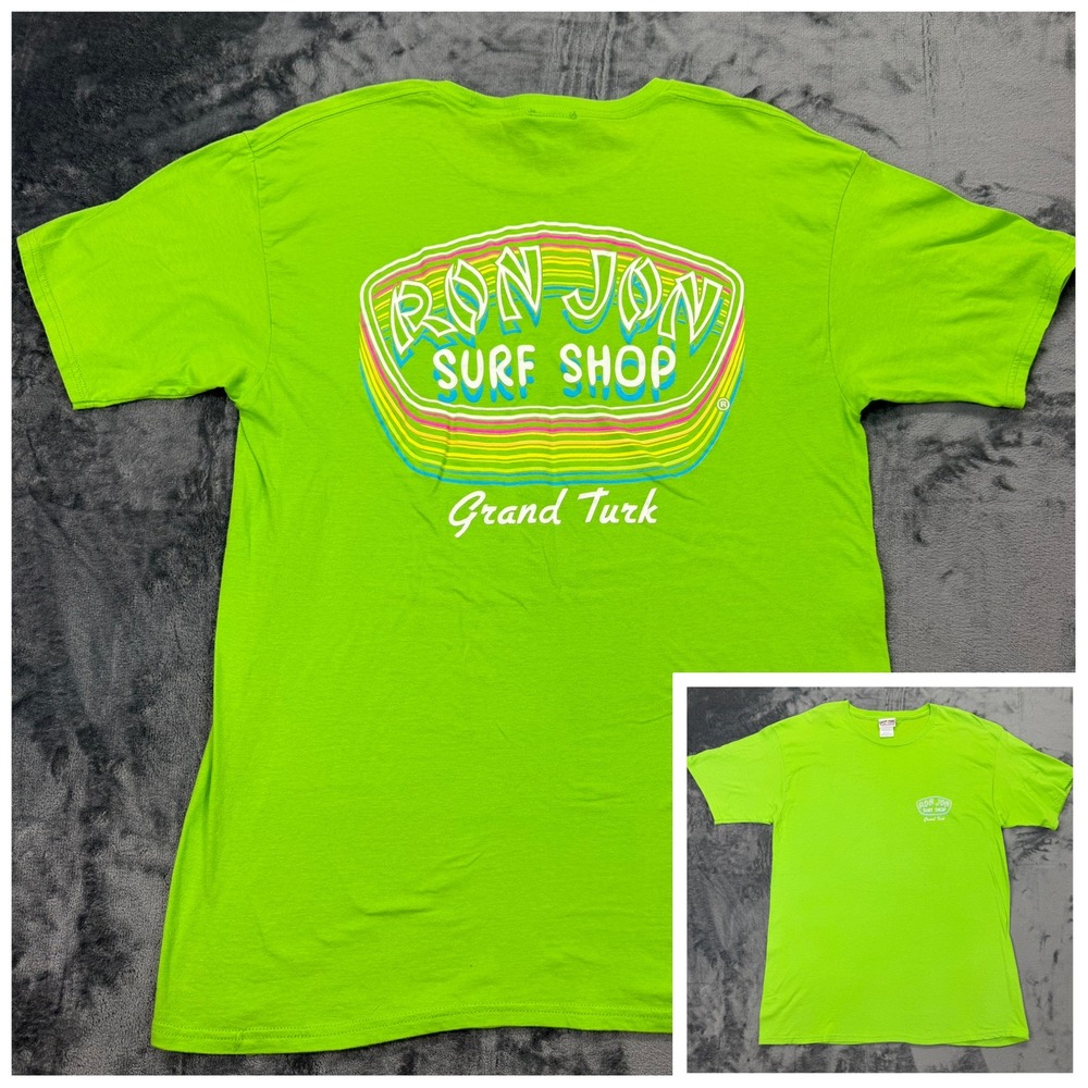 Ron Jon Surf Shop Grand Turk Lime Neon Green Graphic T-Shirt Mens L Retro Surf